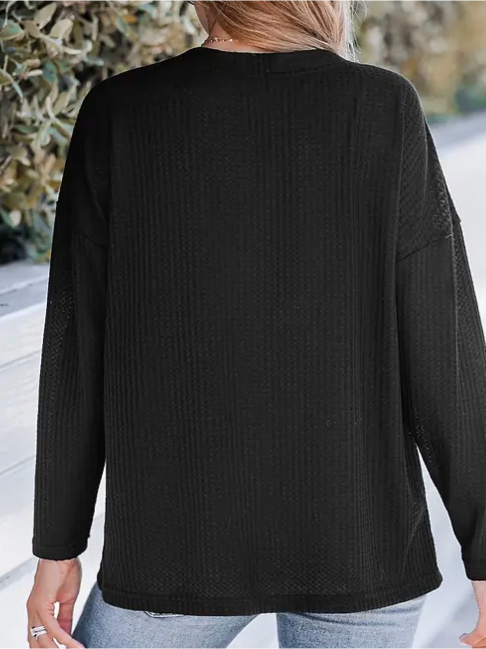 Cupshe Black Waffle Knit V-Neck Long Sleeve Top Size XL - Picture 3 of 8